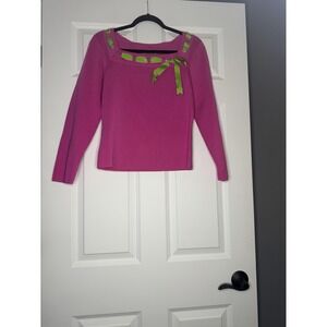 Prima Bella Square Neck Ribbon Detail Sweater Medium Pink Green